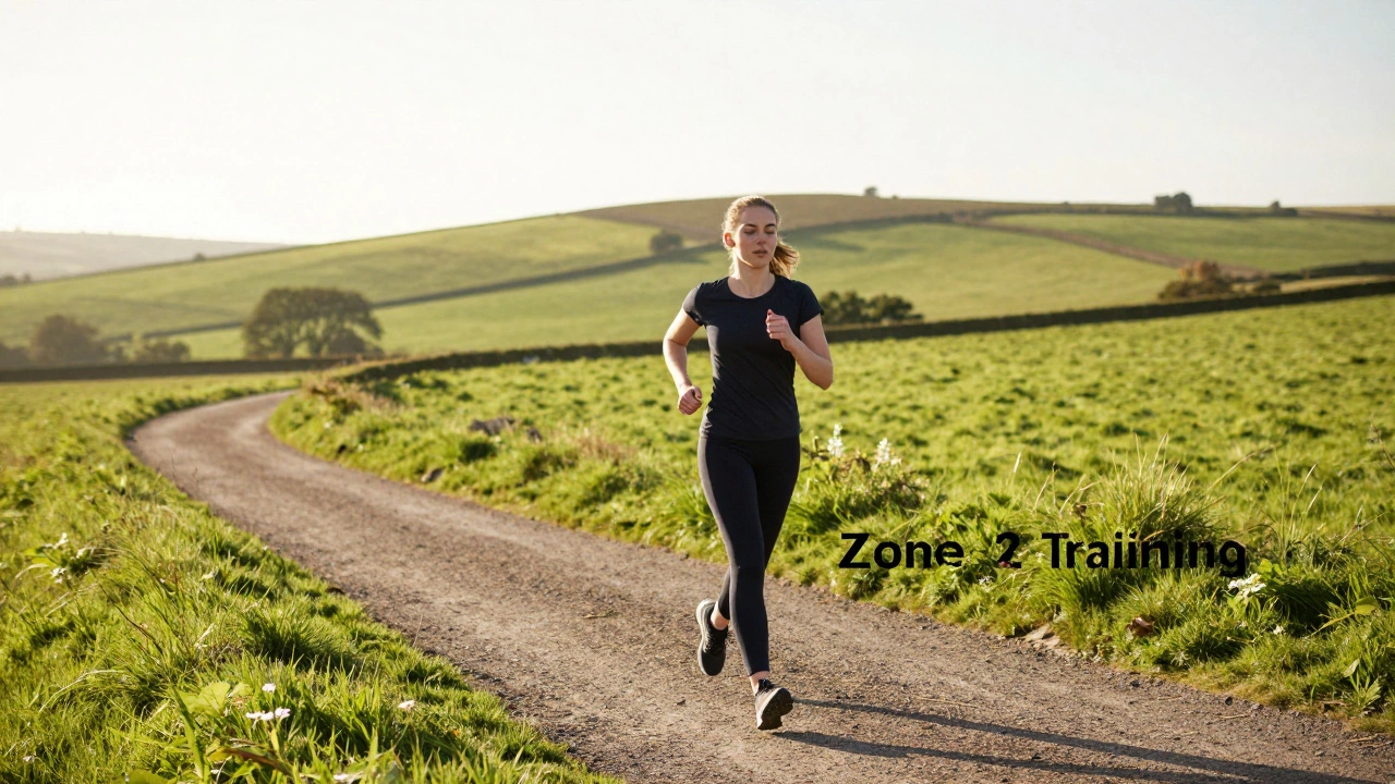 Person jogging at a relaxed pace through a green British countryside landscape