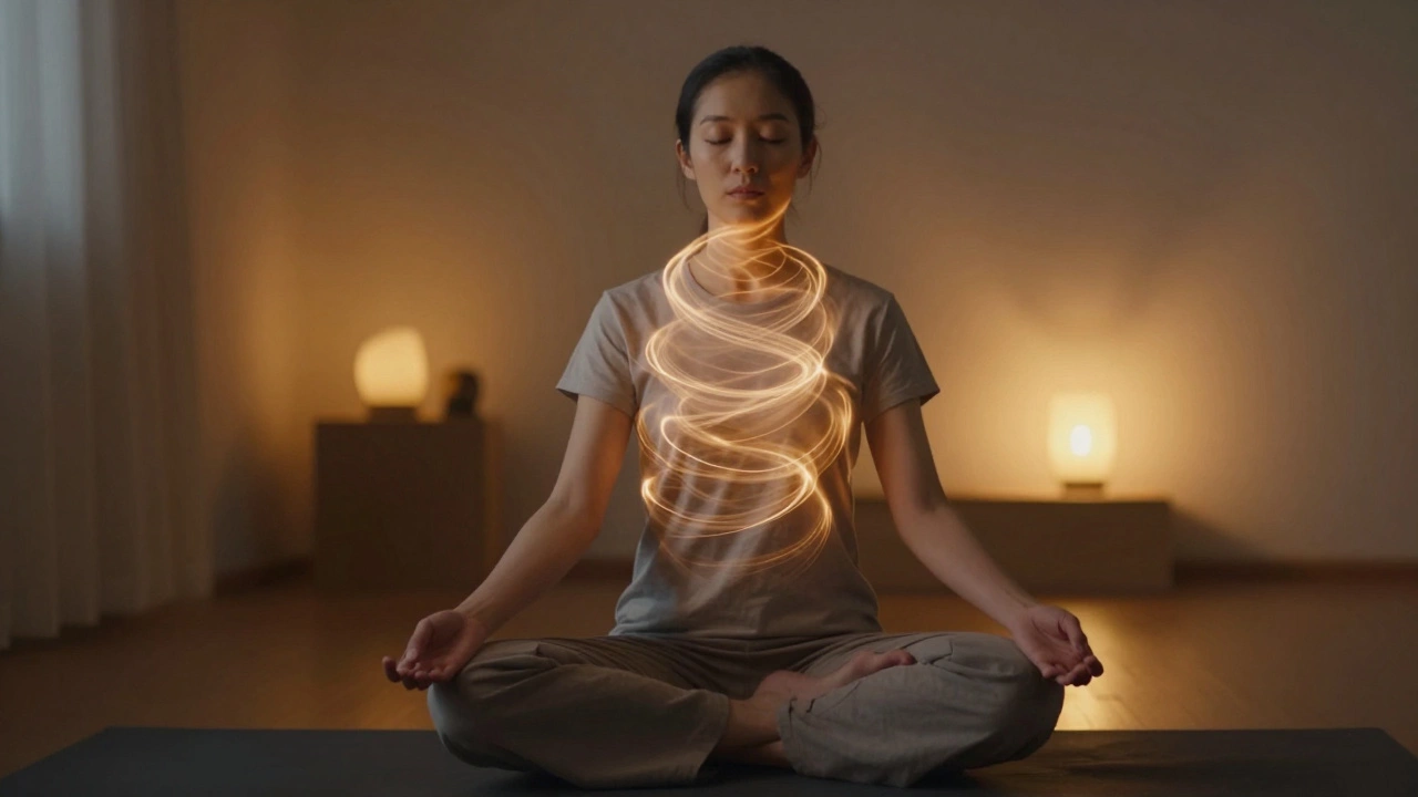 Person meditating with glowing light effects representing mindful breathing
