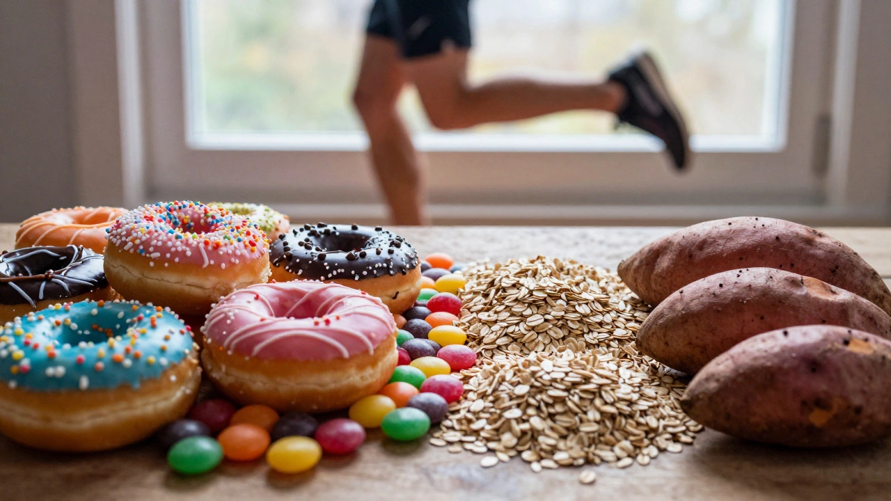 Split screen comparing processed sugary snacks and complex carbohydrates for athletes