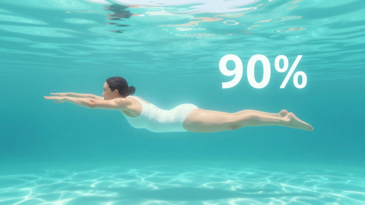 Stylized image of an adult gliding weightlessly in turquoise water