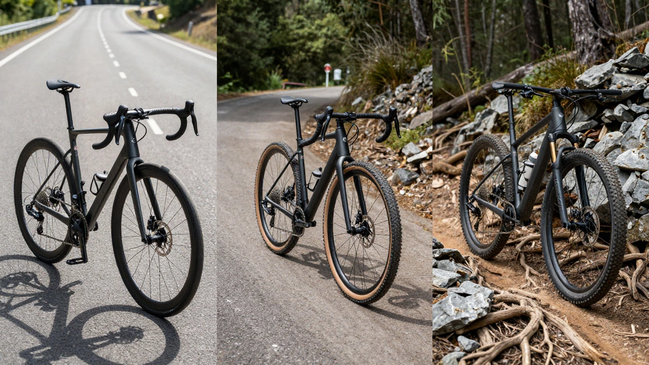 Three types of bicycles—road, gravel, and mountain—on their respective ideal terrains.