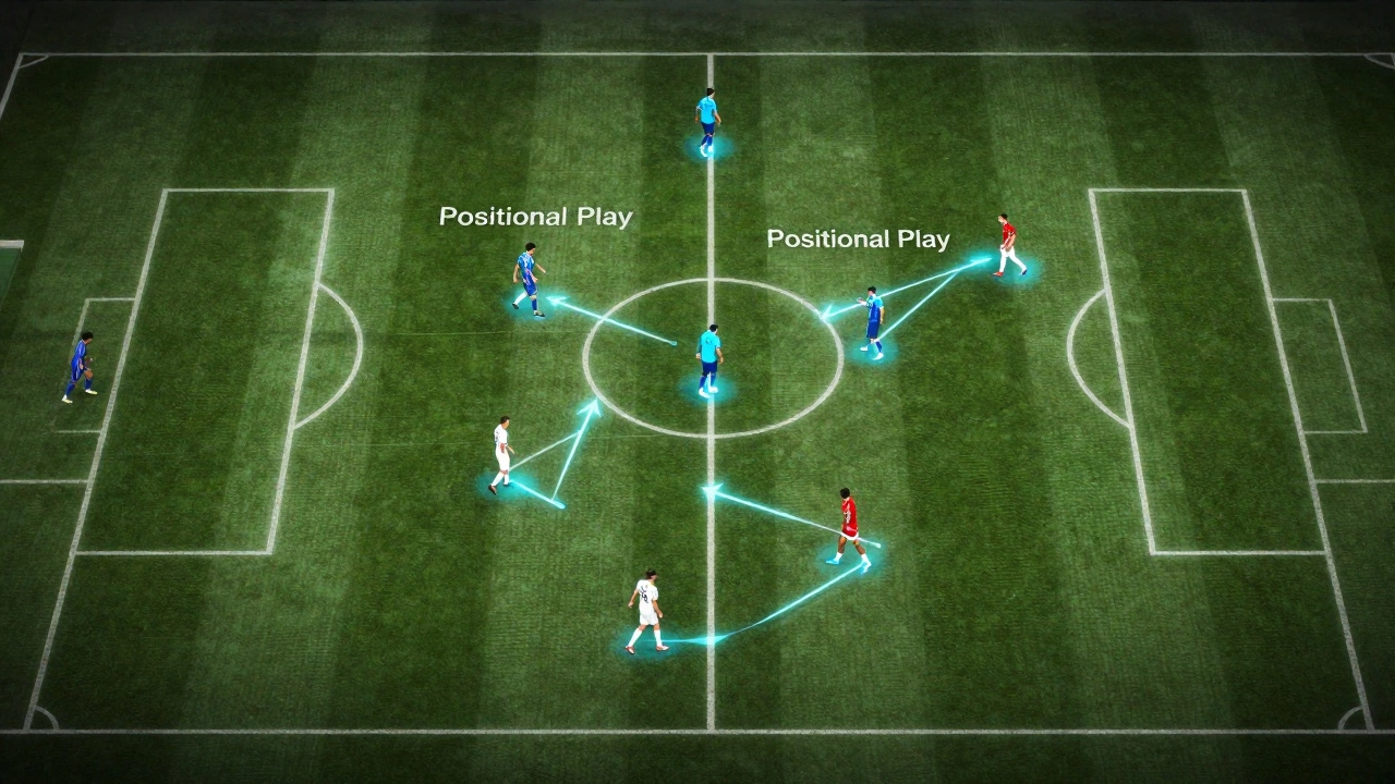Top-down view of a football pitch with glowing tactical lines showing player movements.