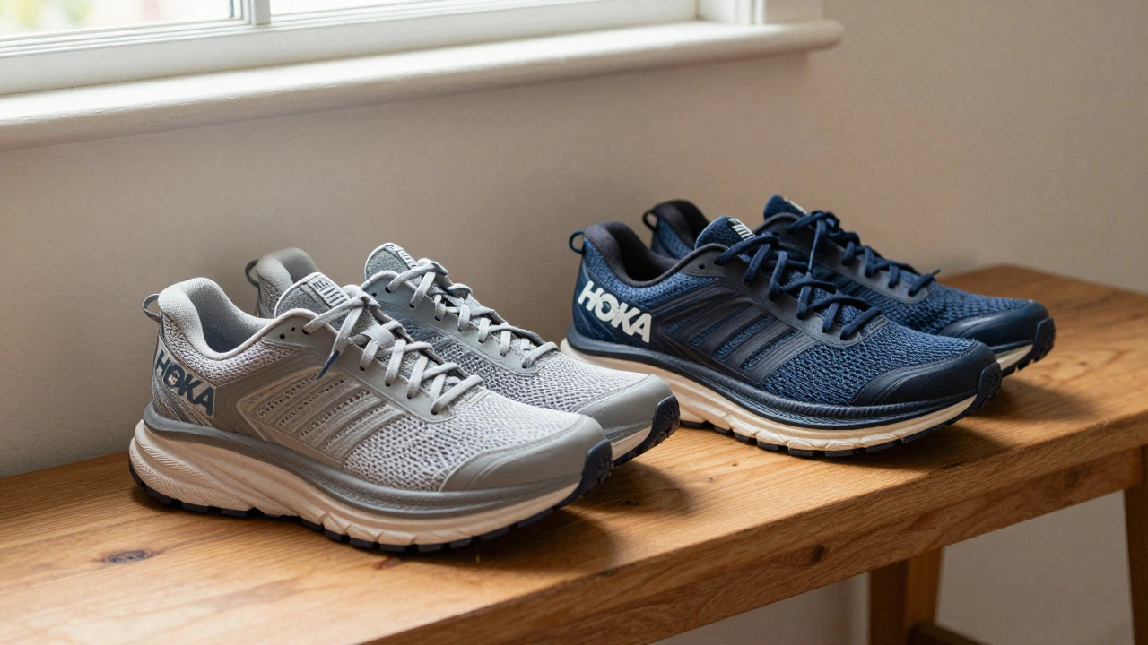 Two different pairs of Hoka running shoes side-by-side on a wooden bench for rotation.