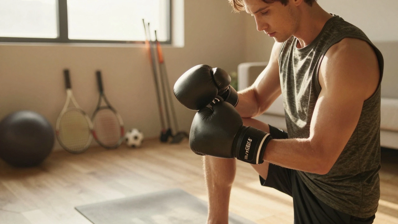 Athlete putting on boxing gloves in warm home gym light