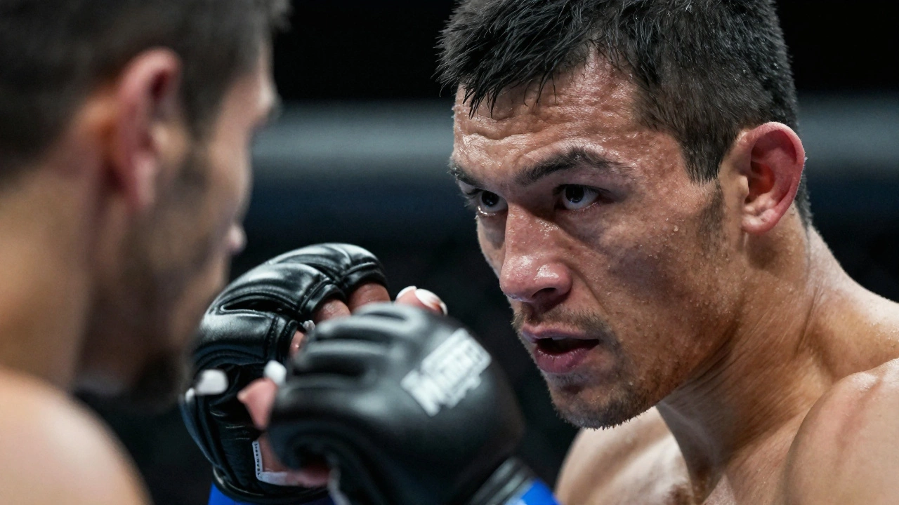 Close up of focused MMA fighter analyzing strategy