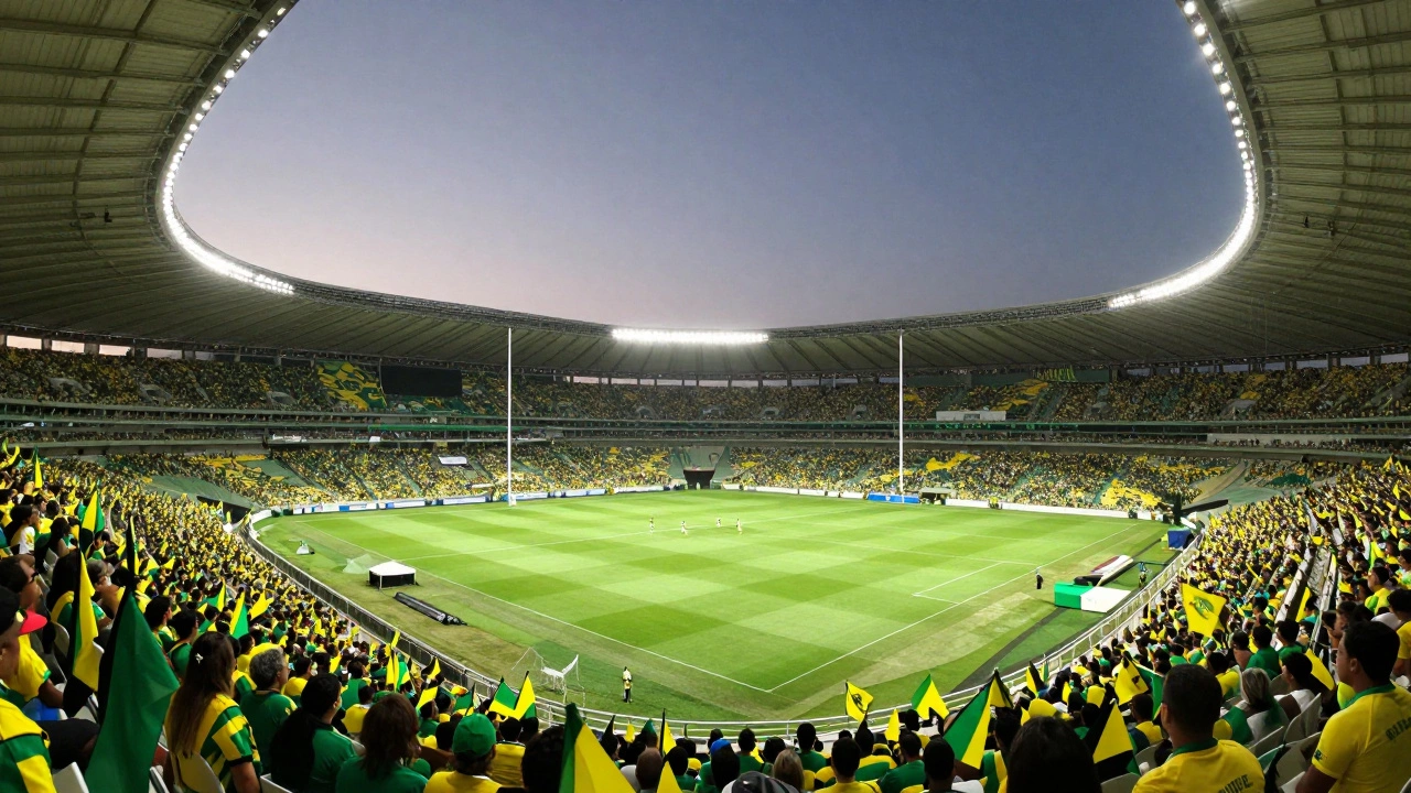 Crowded Engenhao stadium in Rio de Janeiro hosting a rugby match.