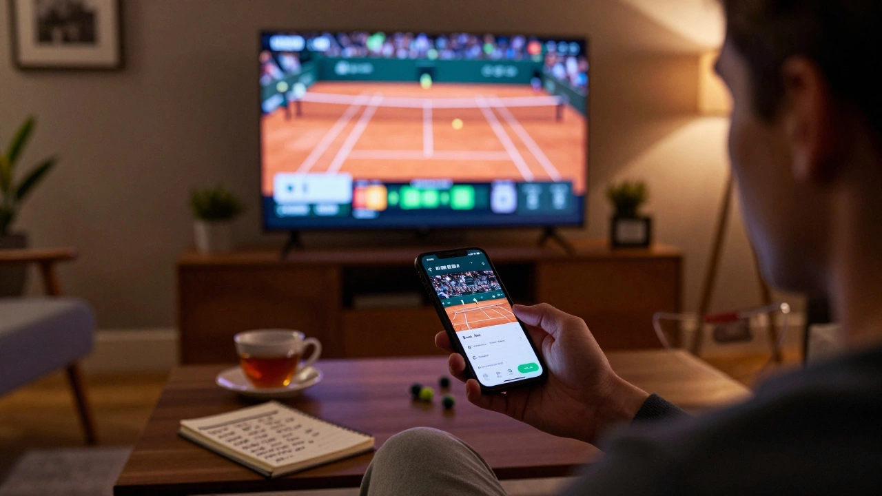 Fan watching tennis on phone and TV in a cozy London living room