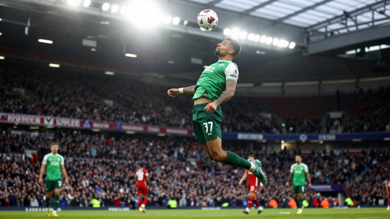 Football player heading the ball during an intense Premier League match