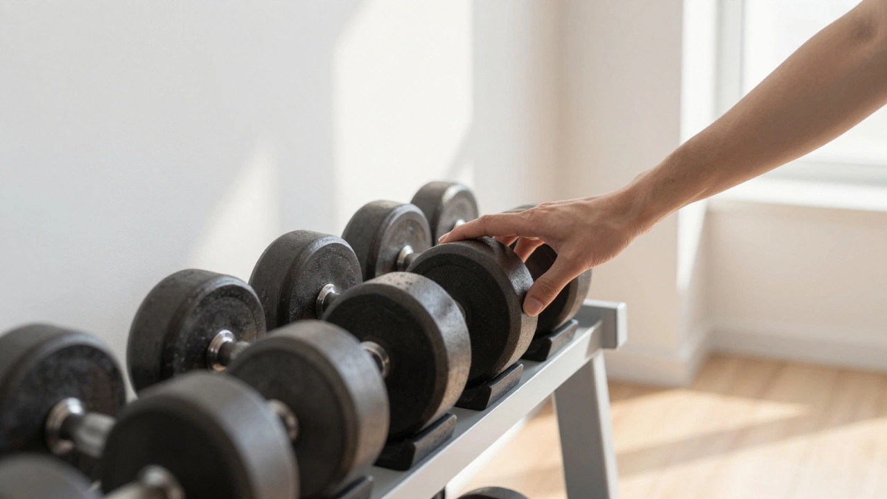 Hand selecting heavier dumbbells from a rack symbolizing progressive overload