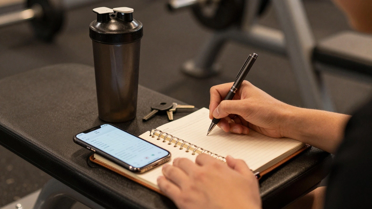 Hands writing in a workout logbook next to gym essentials