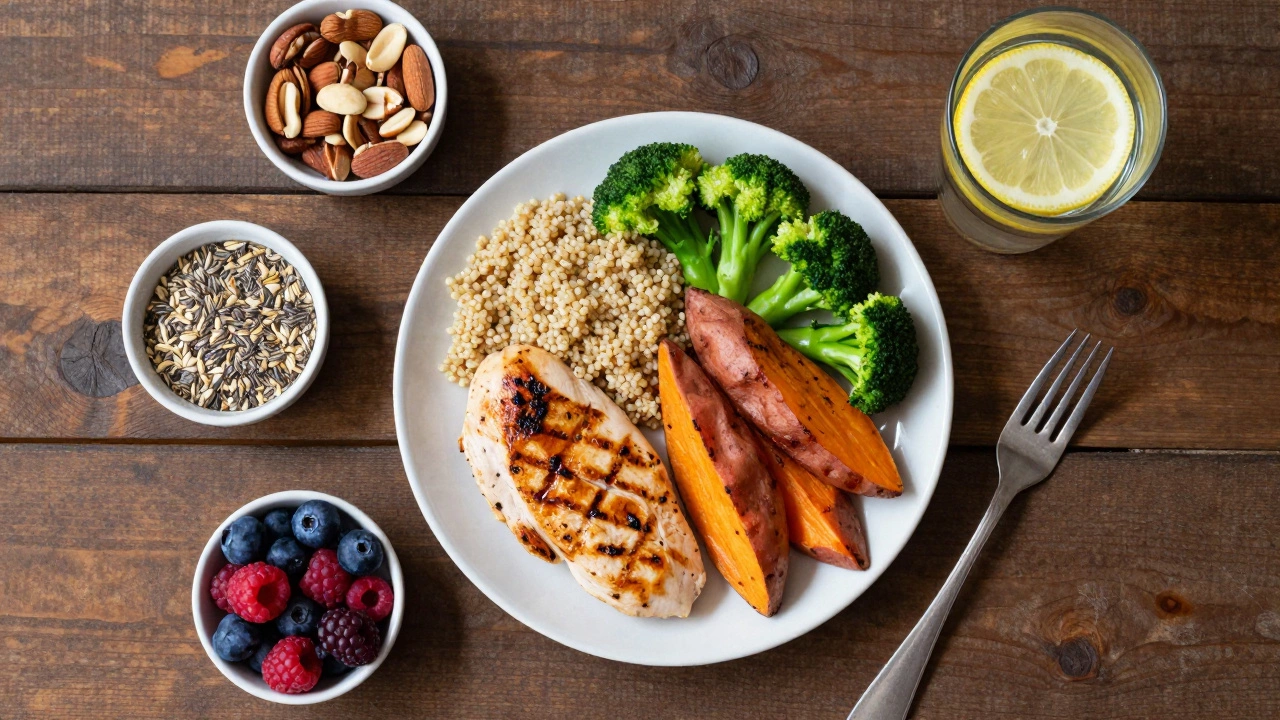 Healthy balanced meal with grilled chicken, quinoa, vegetables, and nuts arranged on a wooden table.