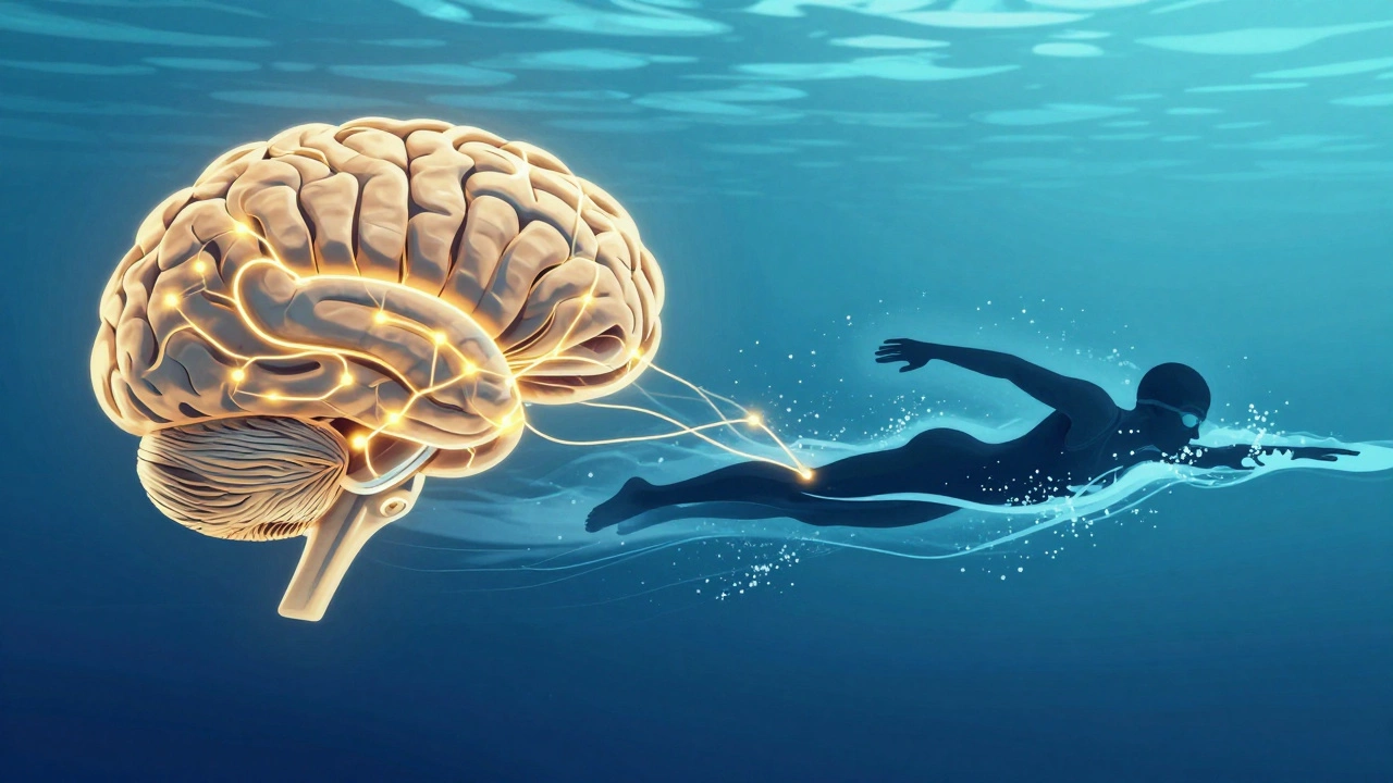 Illustration of brain neural connections linked to a swimming figure