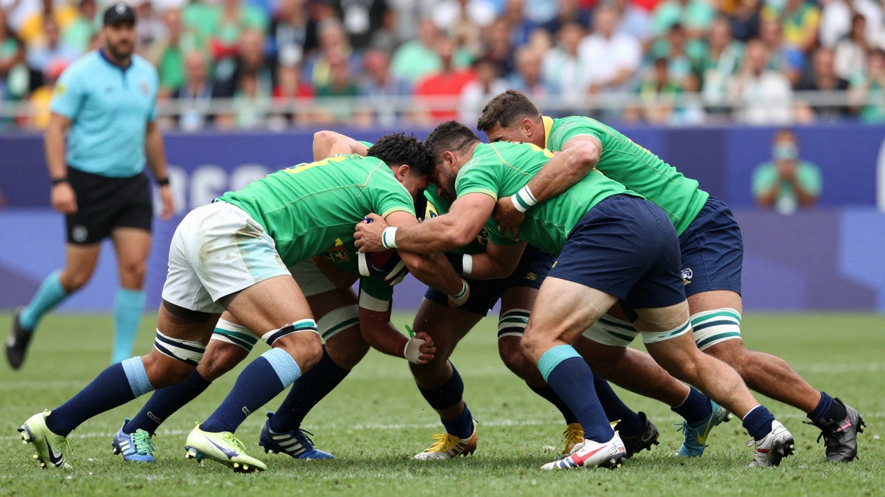 Intense rugby scrum action during an Americas Championship game.