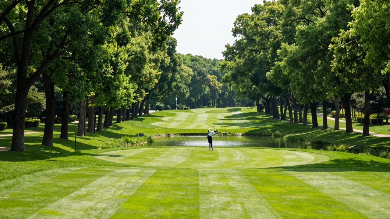 Lush parkland golf course with tree-lined fairways and water hazards