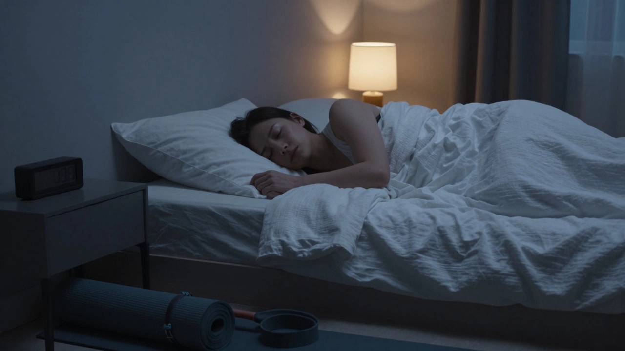 Person sleeping peacefully in a dark, calm bedroom with exercise gear nearby for recovery.