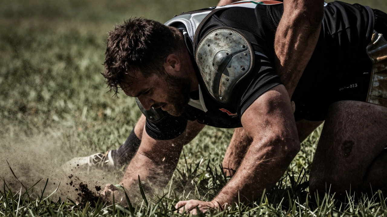 Rugby player's shoulder pads during tackle