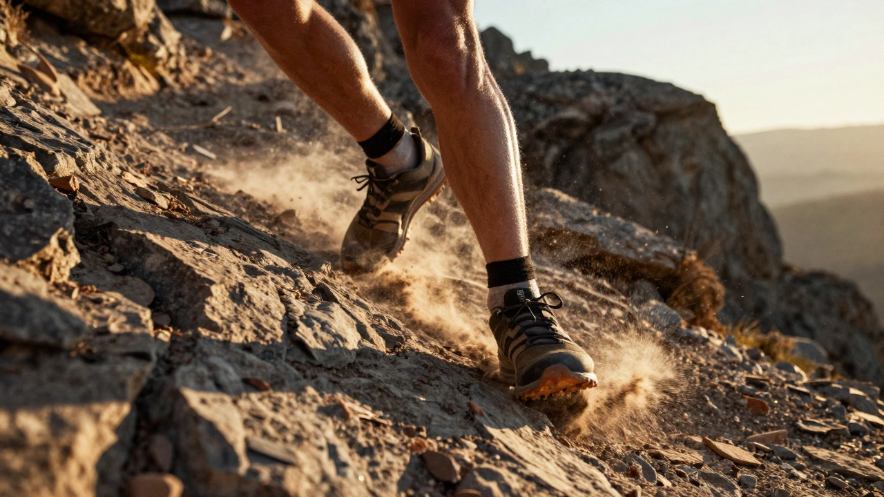 Runner's feet sliding forward while running downhill on a trail