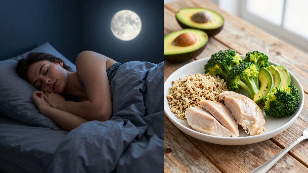Split image showing peaceful sleep and healthy meal prep for recovery