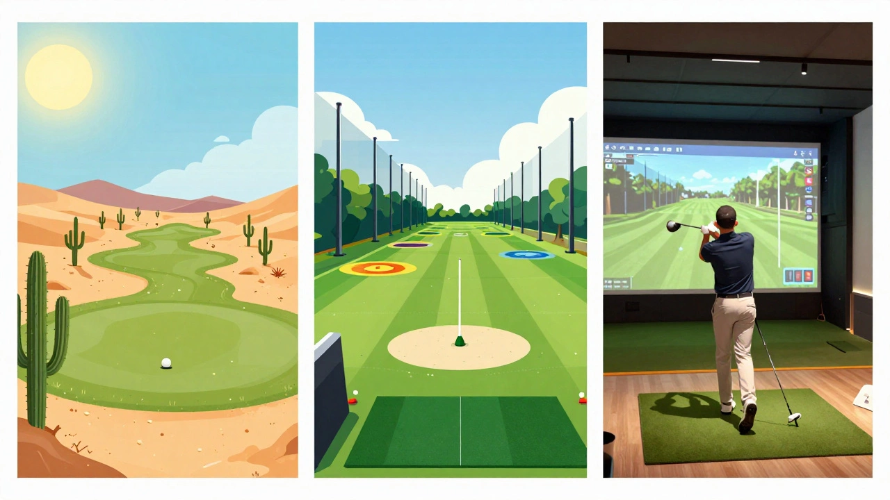 Split view of desert golf, driving range, and indoor simulator