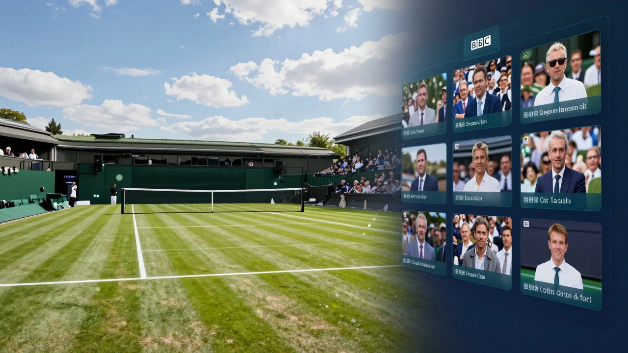 Split view of Wimbledon Centre Court blending into digital streaming interfaces