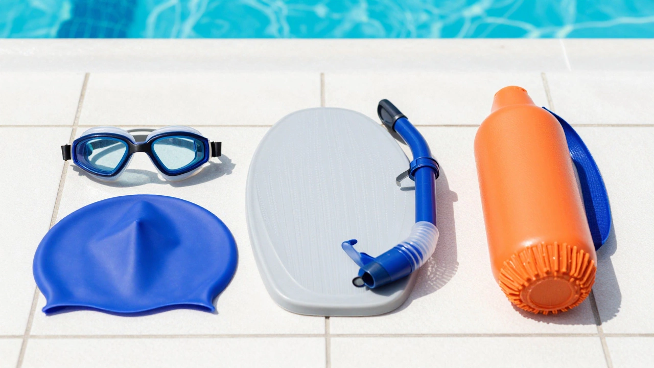 Swimming gear including goggles, kickboard, and snorkel on pool deck