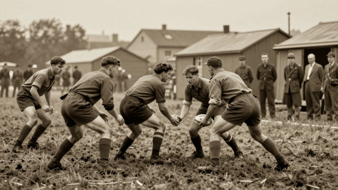 Vintage illustration of Allied soldiers introducing rugby to Germans