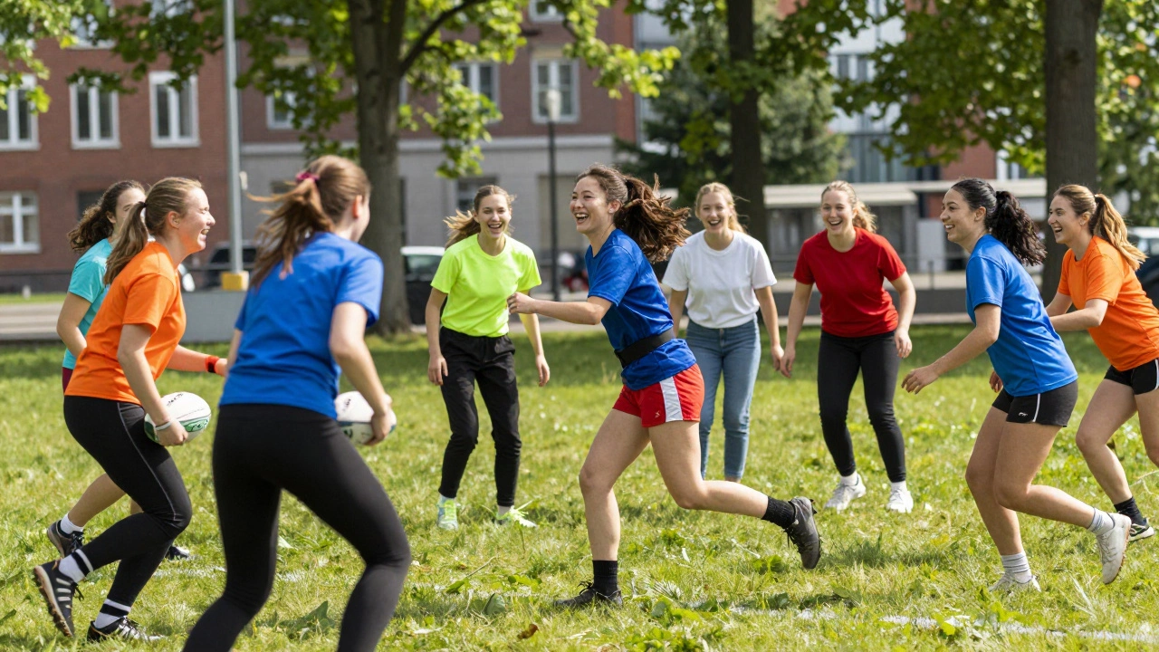 Young women playing tag rugby in a sunny urban park in Germany