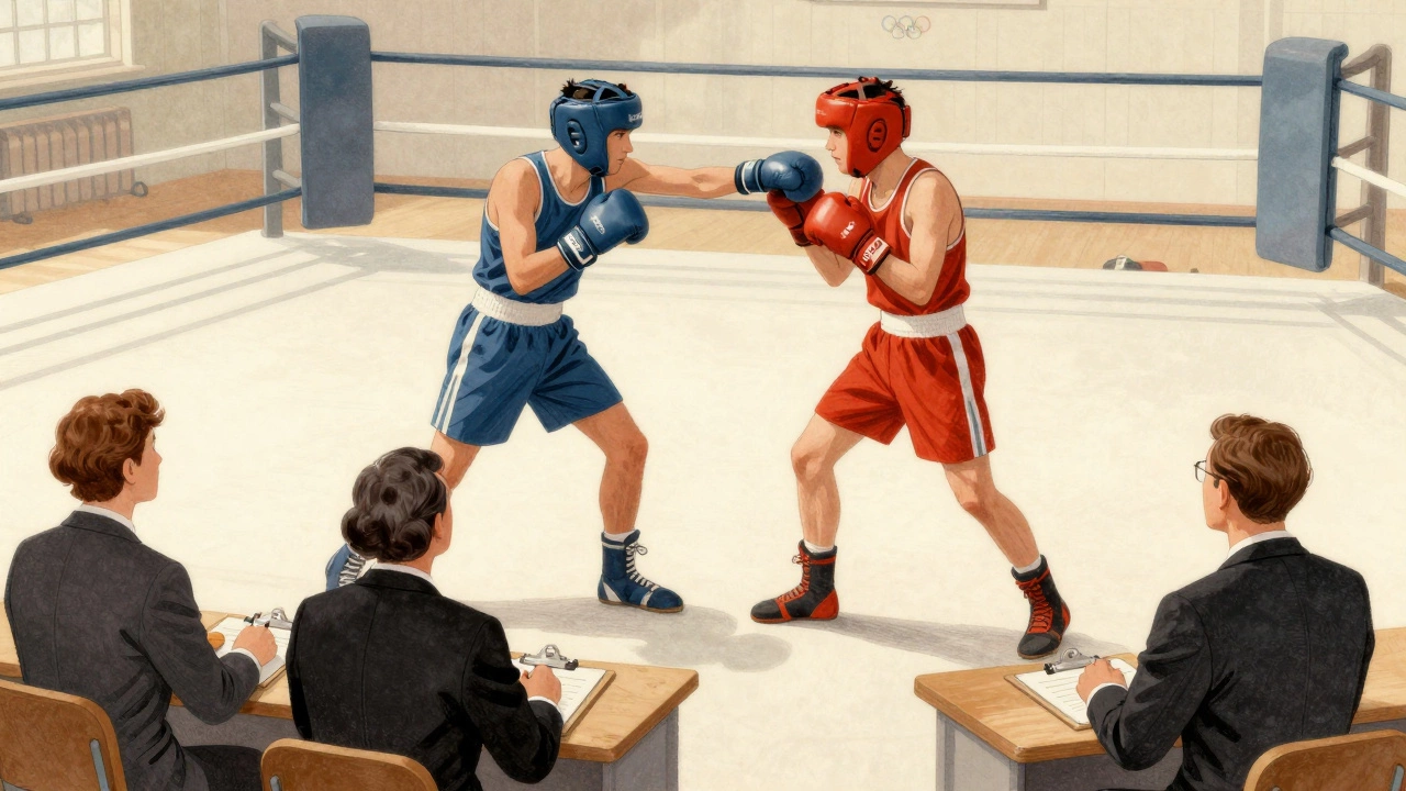 Amateur boxers with headgear competing in a scored match under judges' observation.