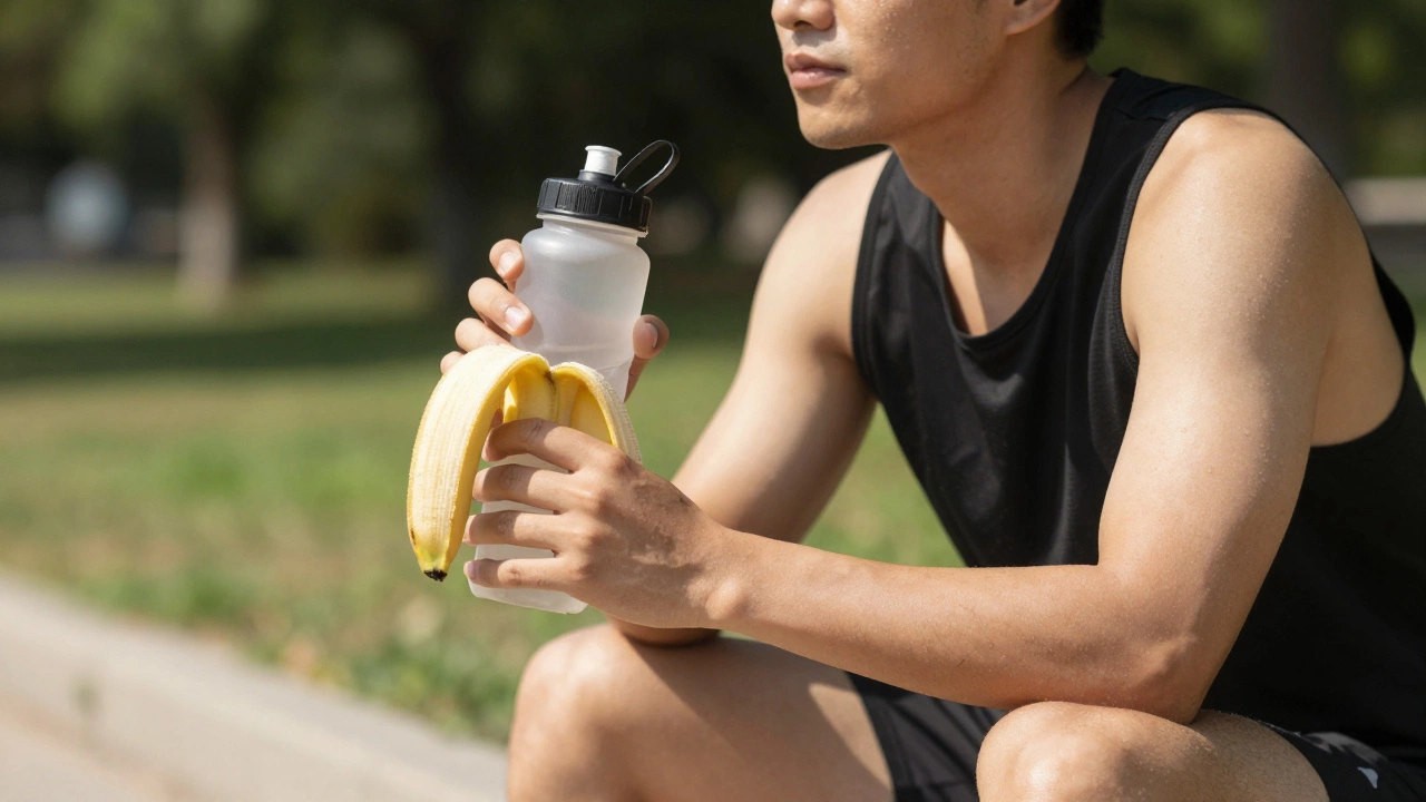 Athlete drinking water and eating a banana while resting outdoors
