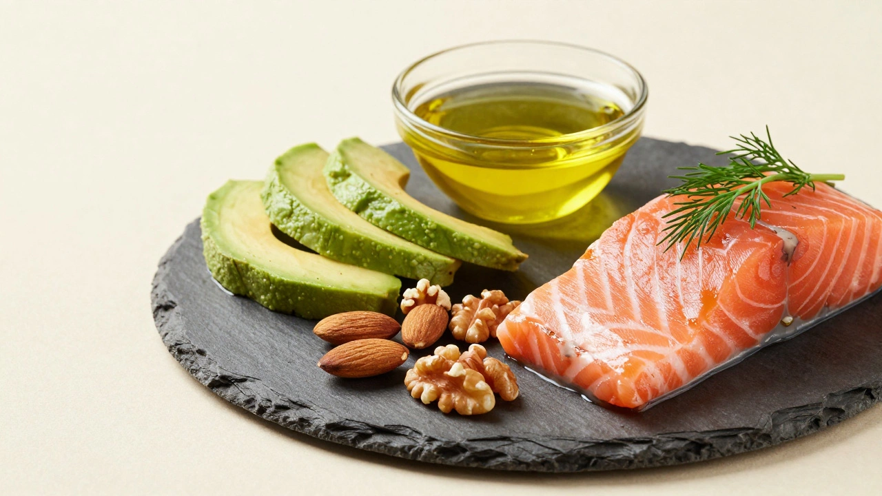 Avocado slices, olive oil, nuts, and salmon arranged on a slate board