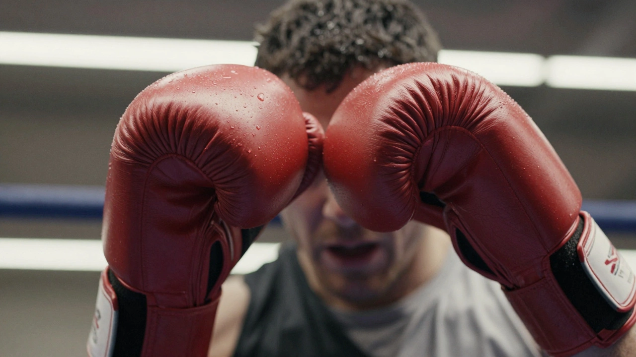 Close-up of boxing gloves blocking a punch in the ring