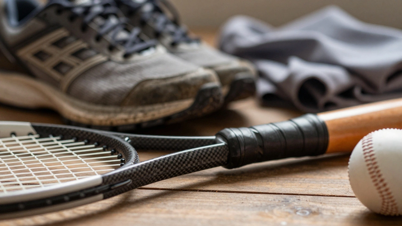 Close-up of durable tennis racket and bat vs worn running shoes and shirt
