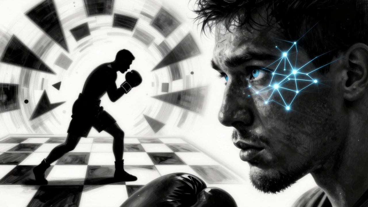 Conceptual art of boxer's mind processing fight strategy