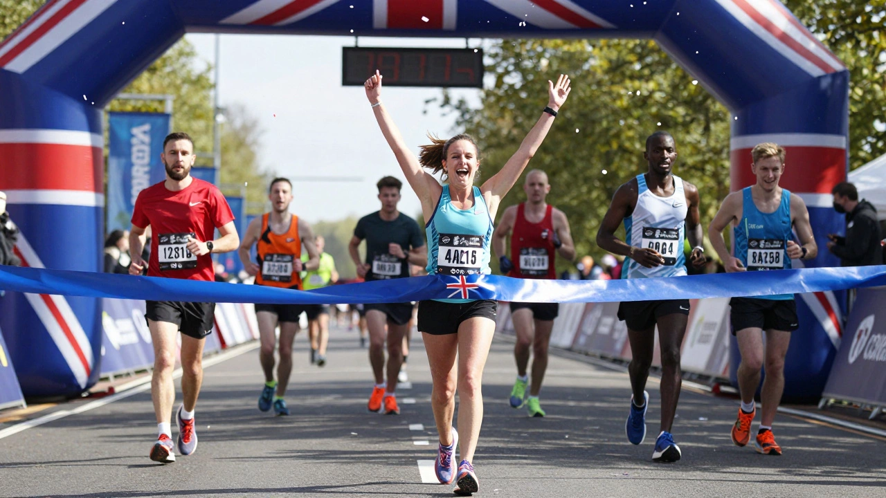 Female runner celebrating crossing finish line under 4 hours