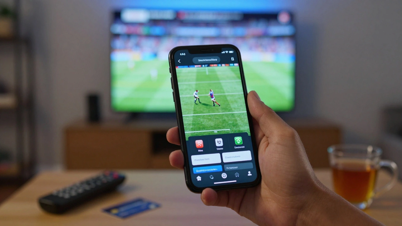 Hand holding phone with blurred rugby stream in cozy living room