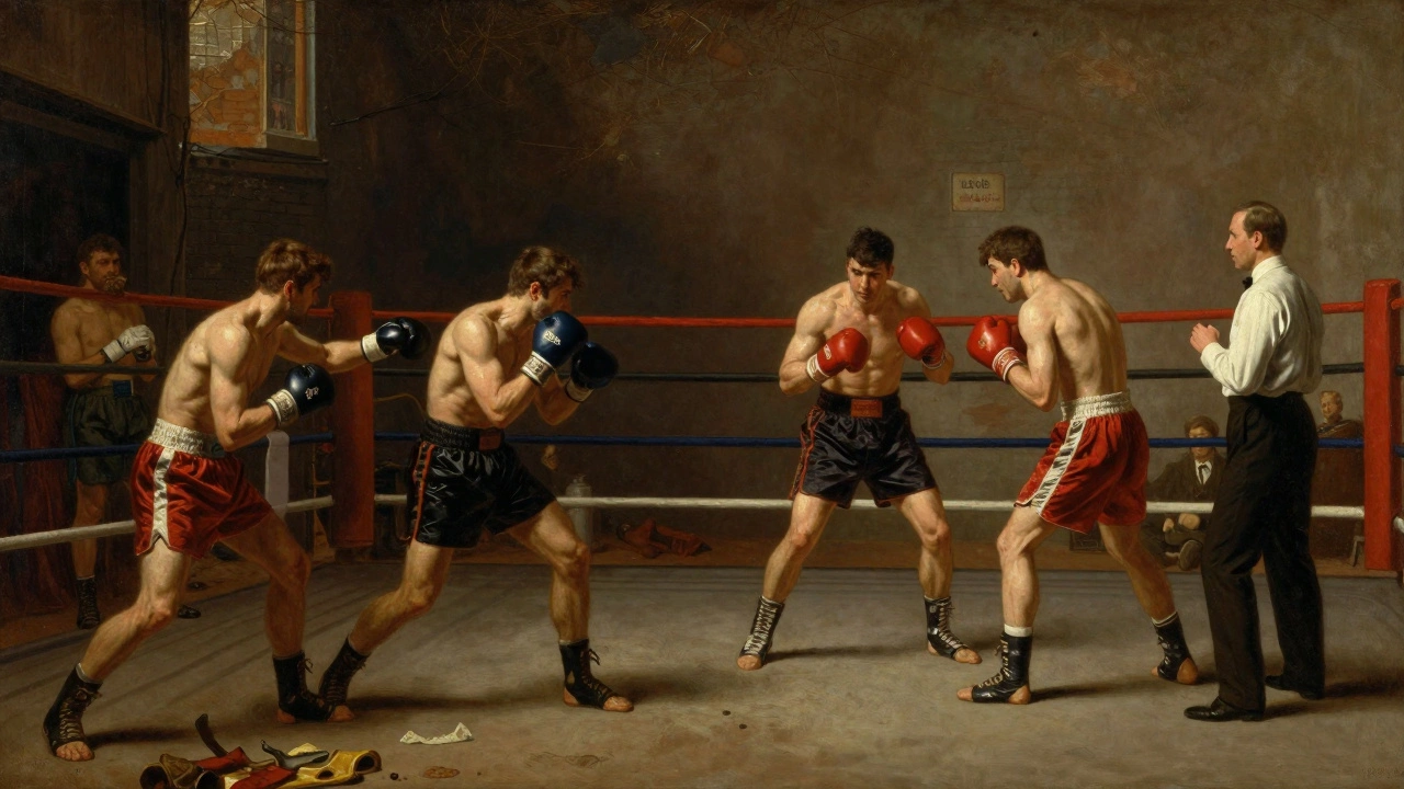 Historical painting contrasting bare-knuckle fighting with regulated gloved boxing bouts.