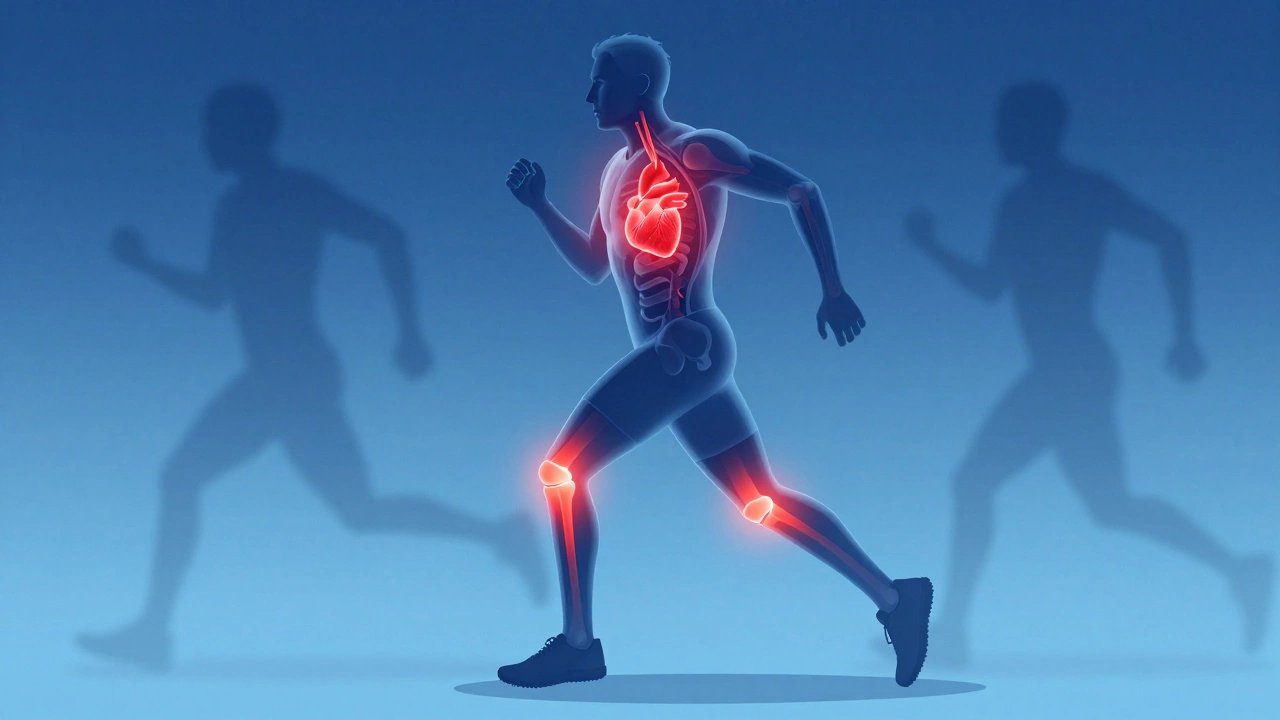 Illustration showing joint inflammation and heart stress in a runner's body