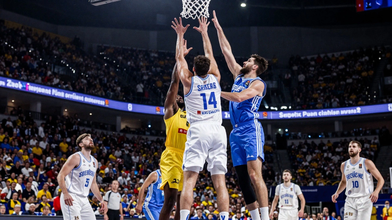 Intense basketball action shot highlighting the passion of European league fans