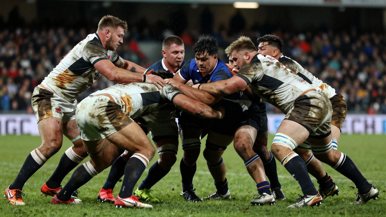 Intense close-up of rugby forwards locked in a muddy scrum
