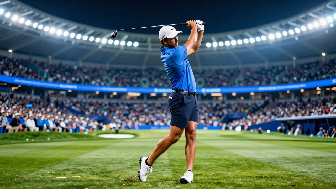 Modern golfer swinging with crowd behind