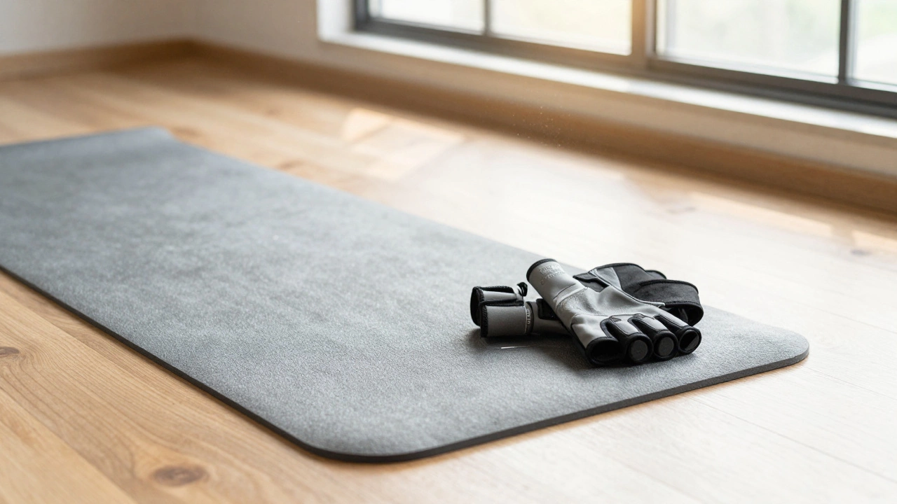 New yoga mat and gloves airing out in a sunny gym room