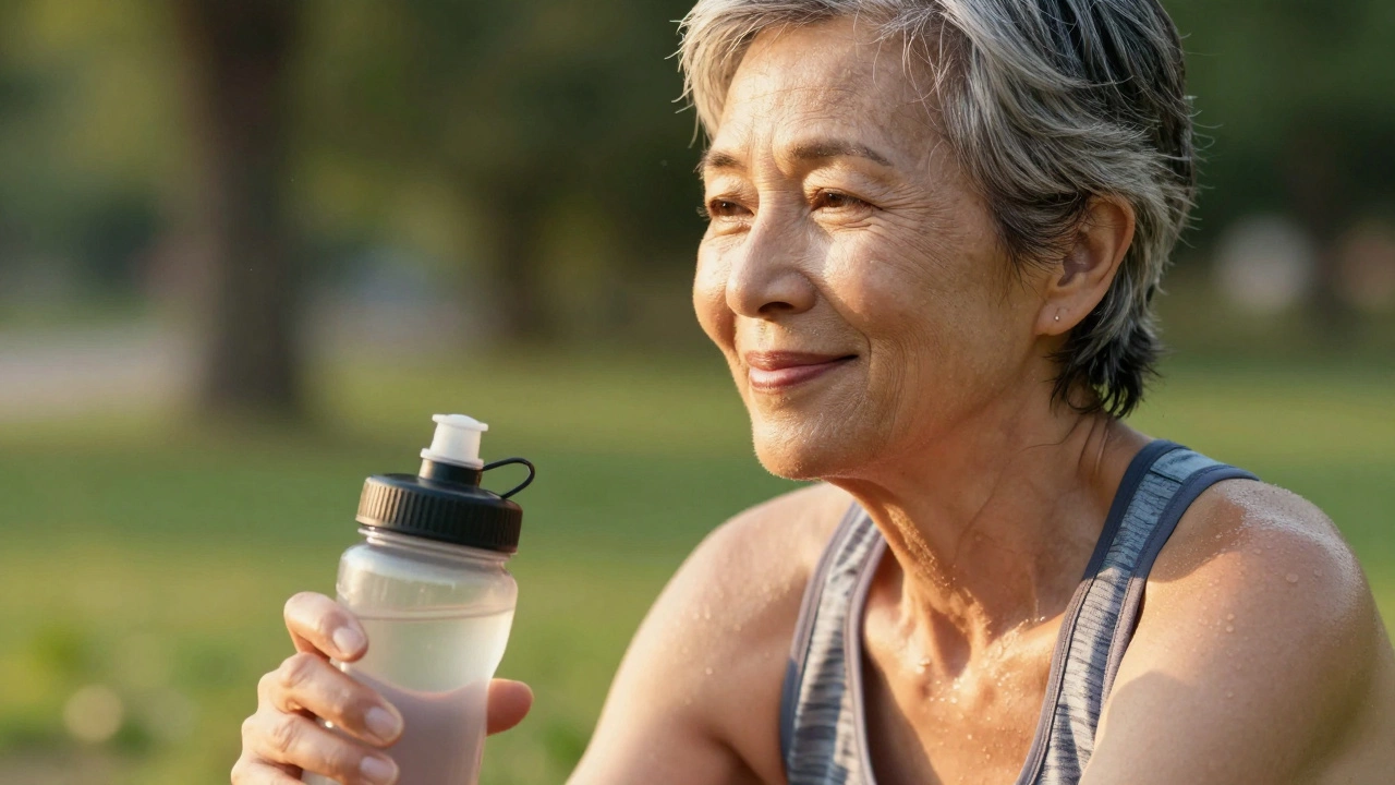 Smiling older runner resting peacefully in a park