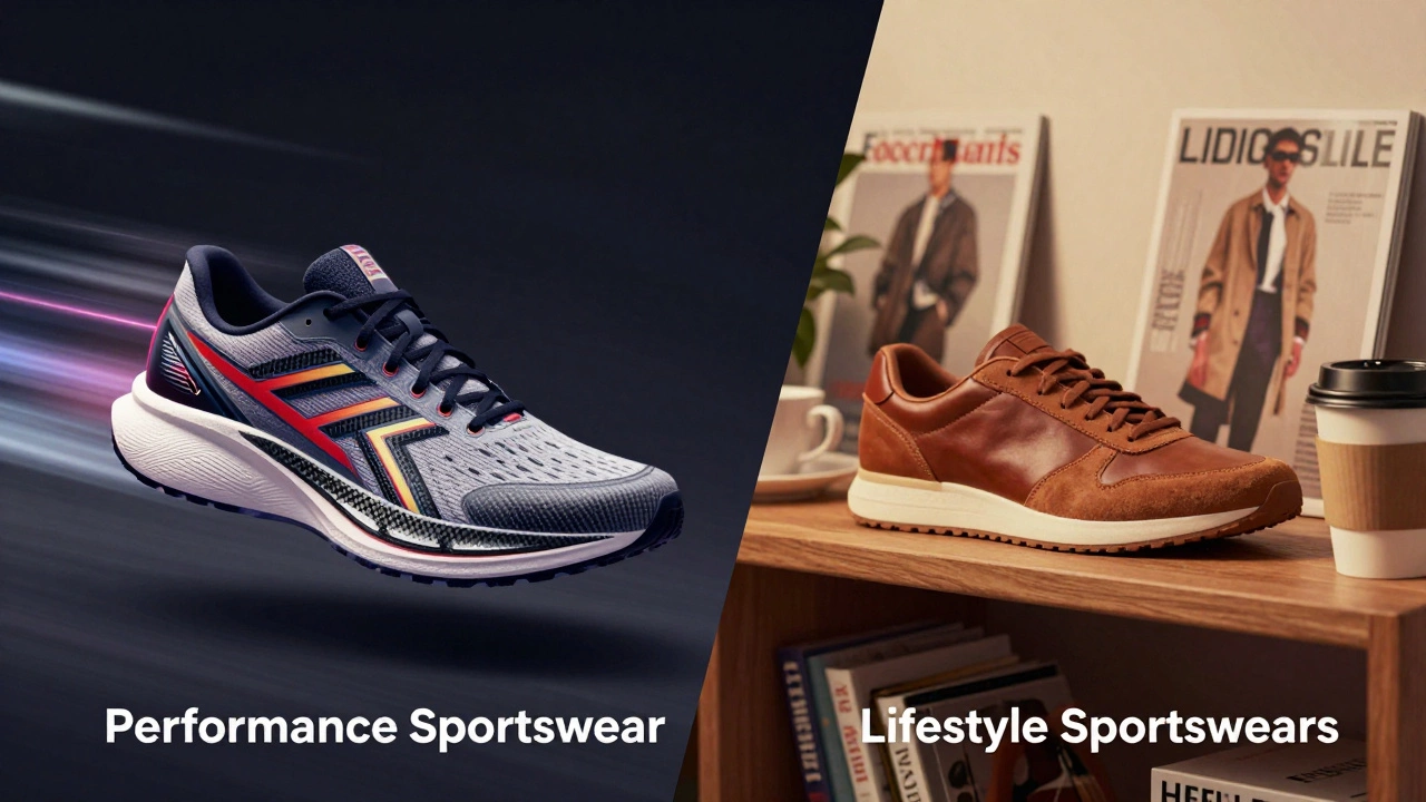 Split view comparing high-tech running shoe vs retro lifestyle sneaker