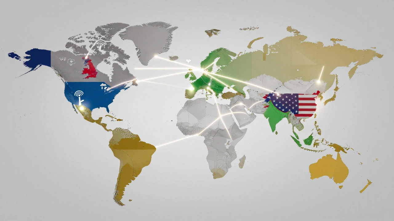 Stylized map showing fragmented global rugby broadcasting rights