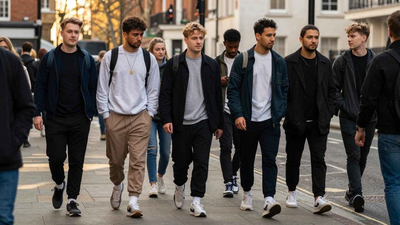 Young people in athleisure fashion walking down a sunny city street