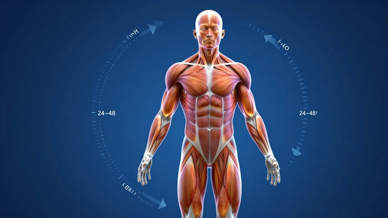 Abstract visualization of glowing muscles and recovery cycles in a body.