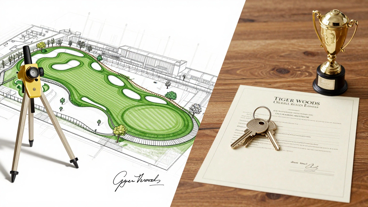 Blueprints and keys symbolizing golf course design vs ownership