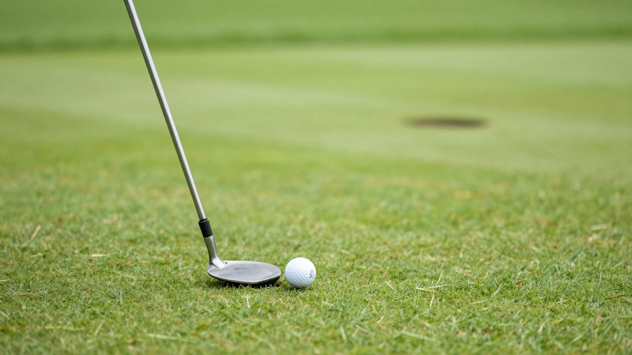 Close-up of a golfer chipping the ball onto the green