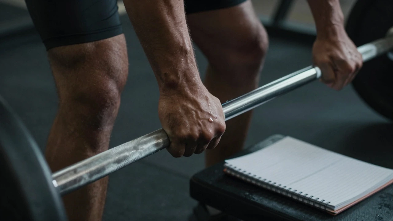 Close-up of sweaty hands gripping a heavy barbell with a training log nearby.
