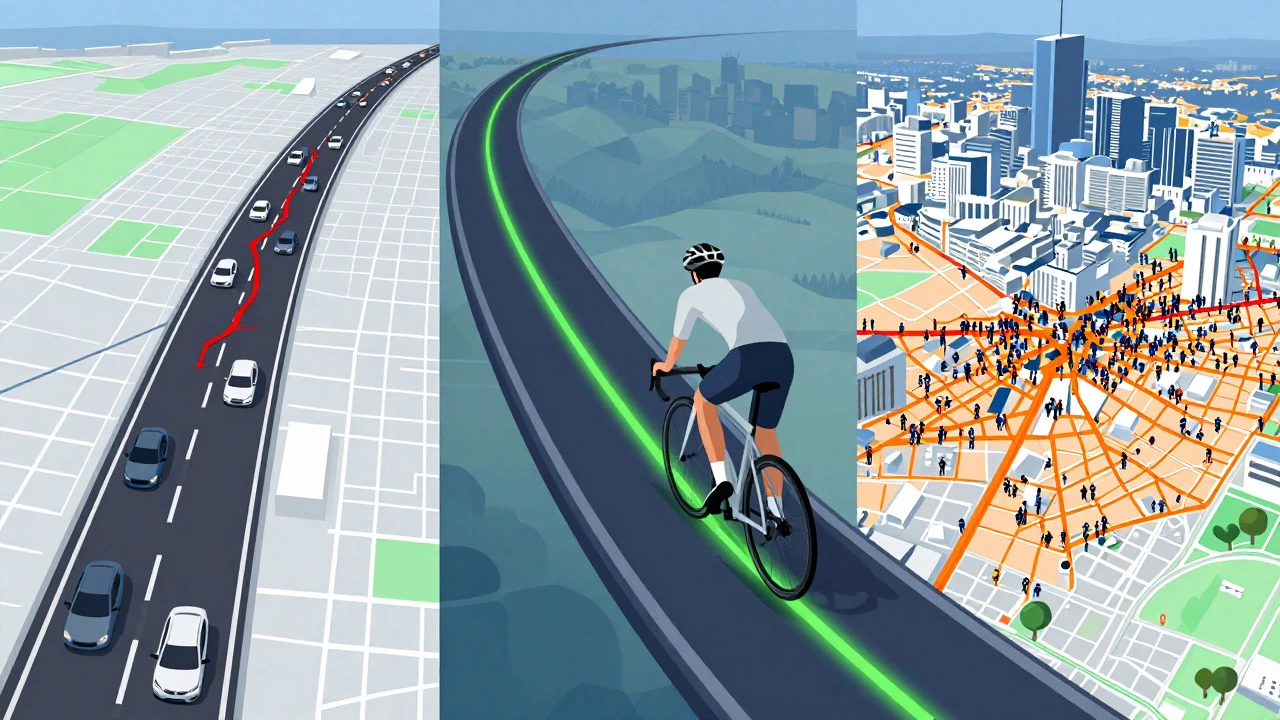 Conceptual graphic comparing cycling navigation app routing styles